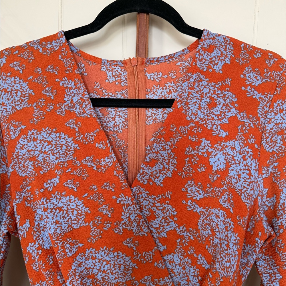 Floral Print Blue and Orange V Neck Long Sleeve Tiered Ruffle Romper - Small - Picture 7 of 10